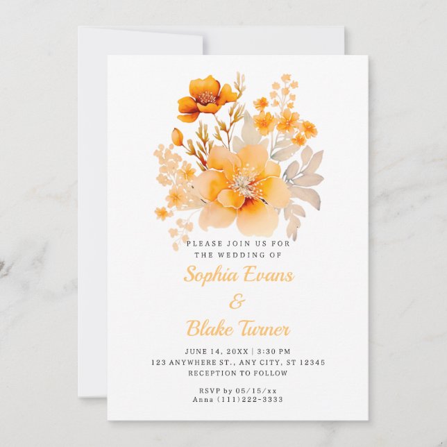Pastel Orange Floral Bouquet Fall Orange Wedding Invitation (Front)