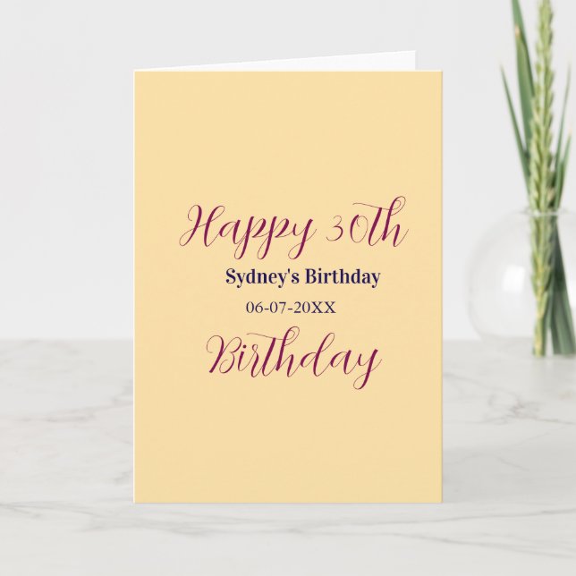 Pastel orange happy 30th birthday name date purple card (Front)