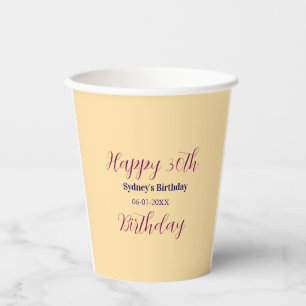 Pastel orange happy 30th birthday name date purple paper cups