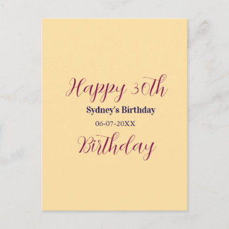 Pastel orange happy 30th birthday name date purple postcard