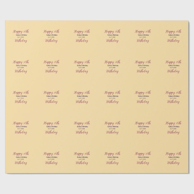 Pastel orange happy 30th birthday name date purple wrapping paper (Flat)