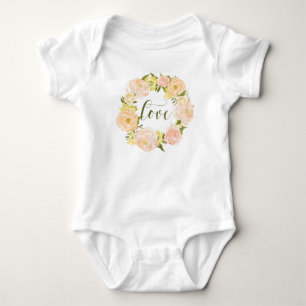 Pastel Orange Peonies Wreath   Love Lettering Baby Bodysuit