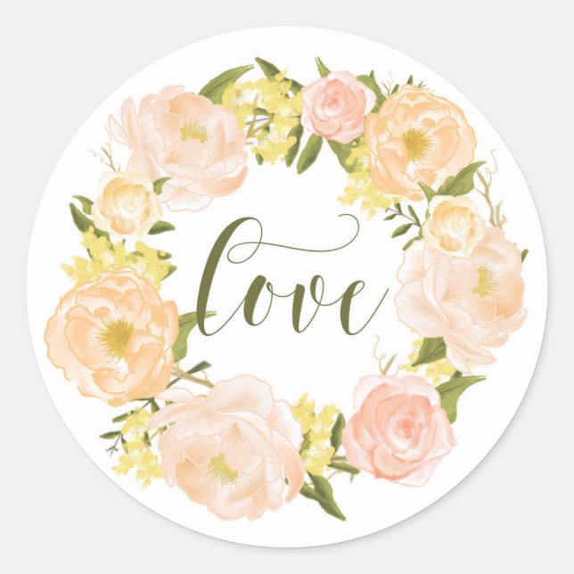 Pastel Orange Peonies Wreath | Love Lettering Classic Round Sticker (Front)