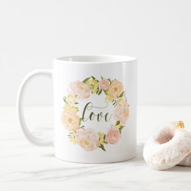 Pastel Orange Peonies Wreath | Love Lettering Coffee Mug (With Donut)