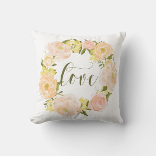 Pastel Orange Peonies Wreath Love Lettering Cushion