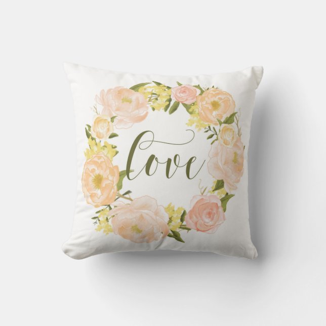 Pastel Orange Peonies Wreath | Love Lettering Cushion (Front)