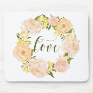 Pastel Orange Peonies Wreath Love Lettering Mouse Mat