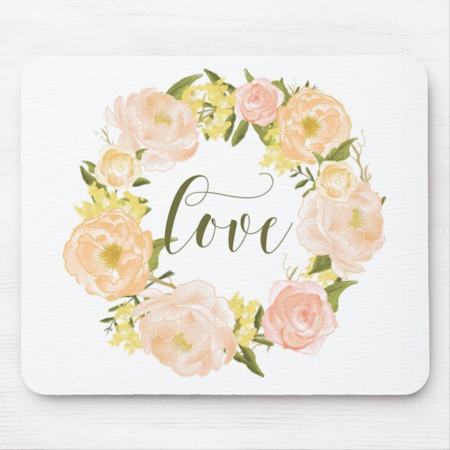 Pastel Orange Peonies Wreath | Love Lettering Mouse Mat (Front)