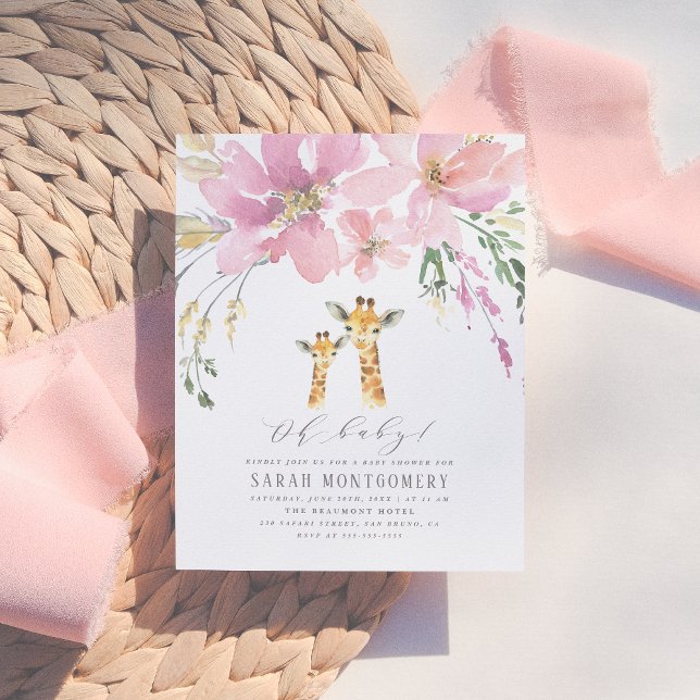Pastel Orange & Pink Floral Giraffe Baby Shower Invitation Postcard (Creator Uploaded)