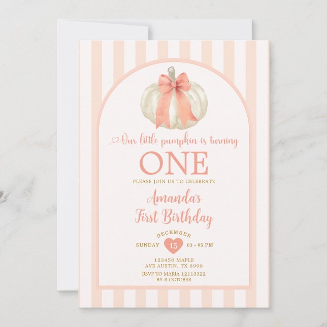 Pastel Orange Pumpkin Bowtie 1st Birthday Party Invitation (Front)