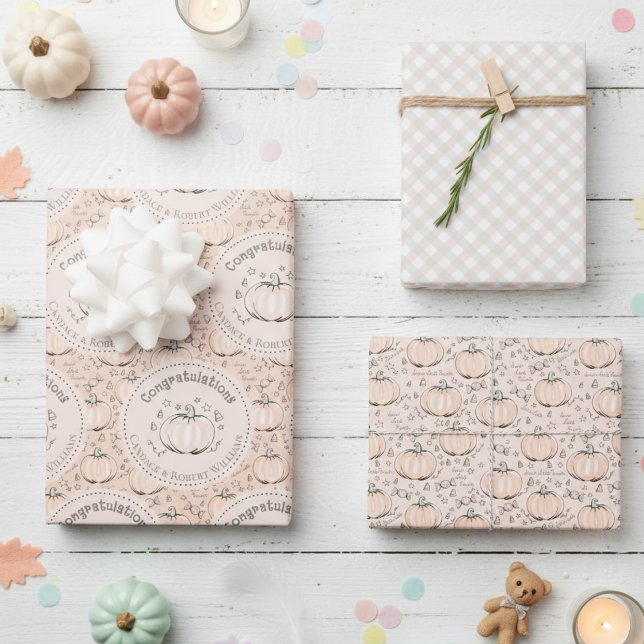 Pastel Orange Pumpkin Mum to Be Congratulations Wrapping Paper Sheet (Cute Pastel Orange Congratulations Little Pumpkin Thanksgiving Baby Shower Wrapping Paper for Her)