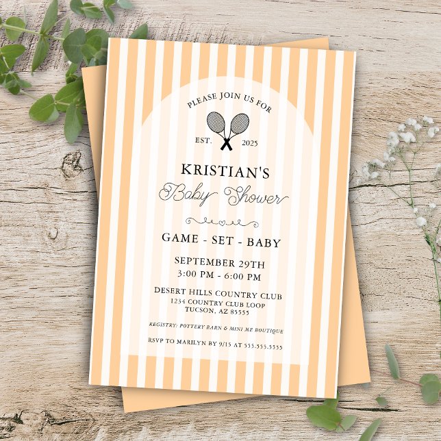 Pastel Orange Tennis Country Club Baby Shower Invitation (Orange preppy chic baby shower card enclosures for elegant country club tennis inspired baby shower)