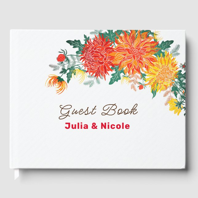 Pastel Orange Yellow Spring Dahlia Flowers Wedding Guest Book (Front)