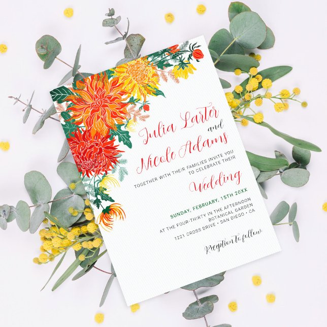 Pastel Orange Yellow Spring Dahlia Flowers Wedding Invitation (Creator Uploaded)