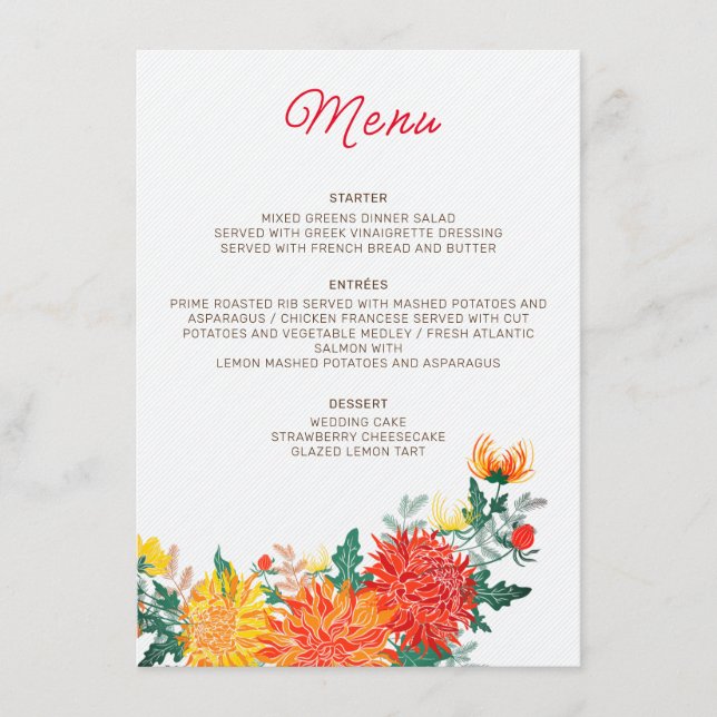 Pastel Orange Yellow Spring Dahlia Flowers Wedding Menu (Front)
