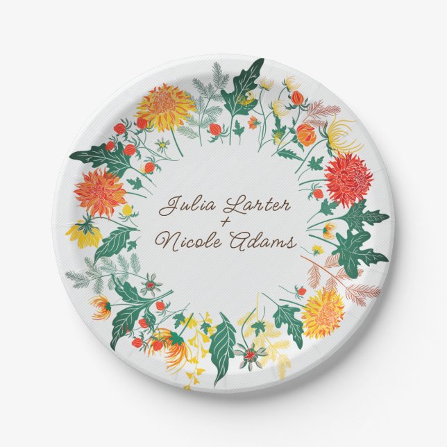 Pastel Orange Yellow Spring Dahlia Flowers Wedding Paper Plate (Front)