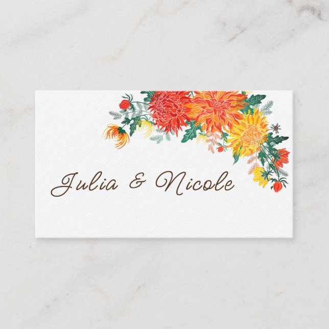 Pastel Orange Yellow Spring Dahlia Flowers Wedding Place Card (Front)