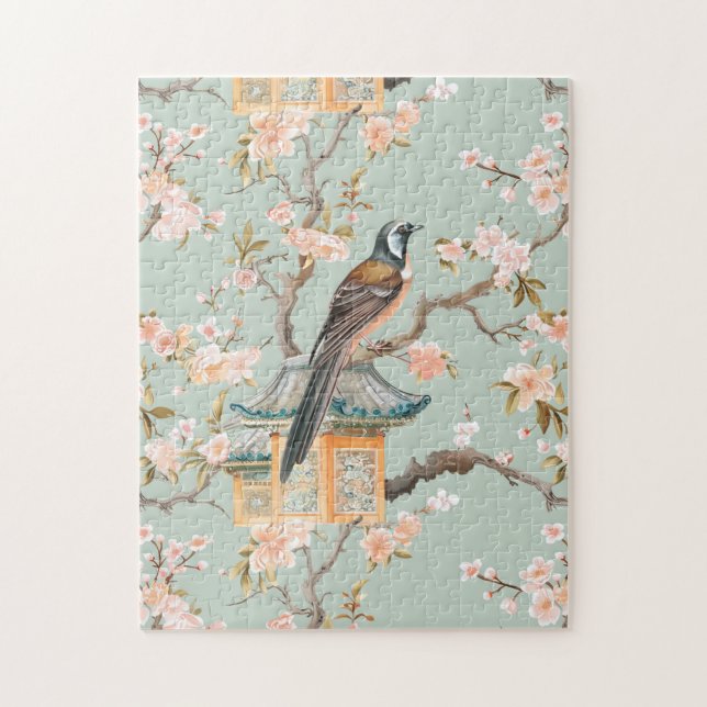 Pastel Oriental Bird and Fruit Blossoms Jigsaw Puzzle (Vertical)