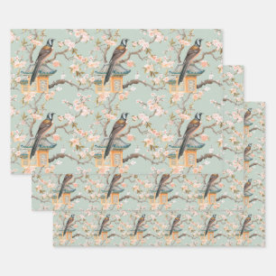 Pastel Oriental Bird and Fruit Blossoms Wrapping Paper Sheet