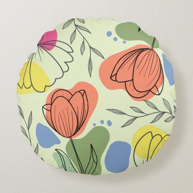 Pastel Outlined Floral Round Pillow (Front)