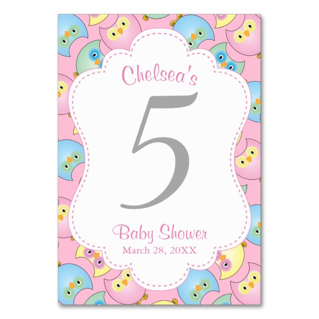 Pastel Owl Baby Girl Shower Theme Table Number (Front)