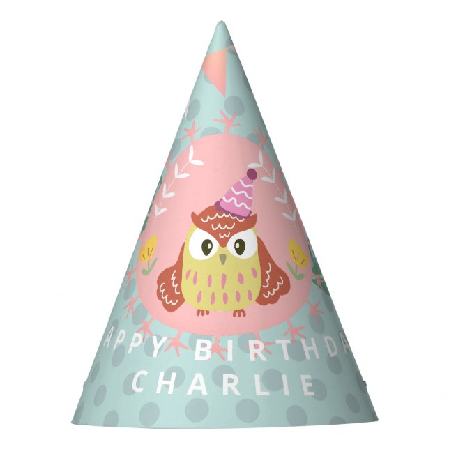Pastel Owl Happy Birthday  Party Hat (Front)