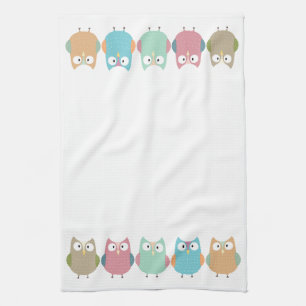 Pastel Owls on Parade Tea Towel