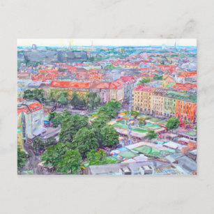 Pastel paint of Munich Viktualienmarkt martket. Postcard