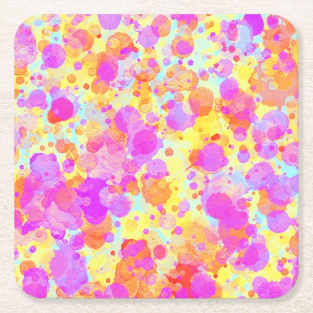 Pastel Paint Splatter Look Square Paper Coaster (Front)