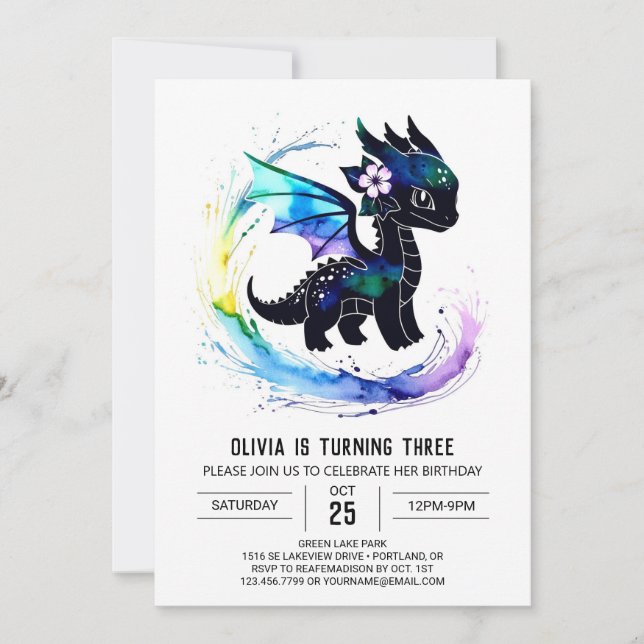  Pastel Painted Dragon Digital Girl Birthday Invitation (Front)