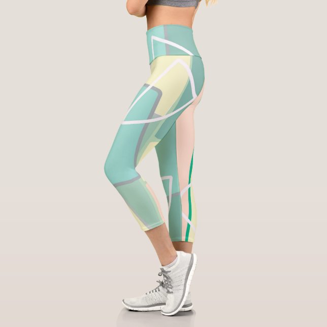 Pastel Pale Turquoise Pink Abstract Art Lines Capri Leggings (Left)
