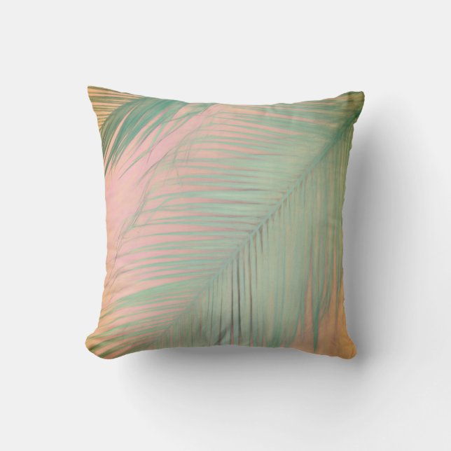 pastel palm leaf design green and pink cushion (Front)