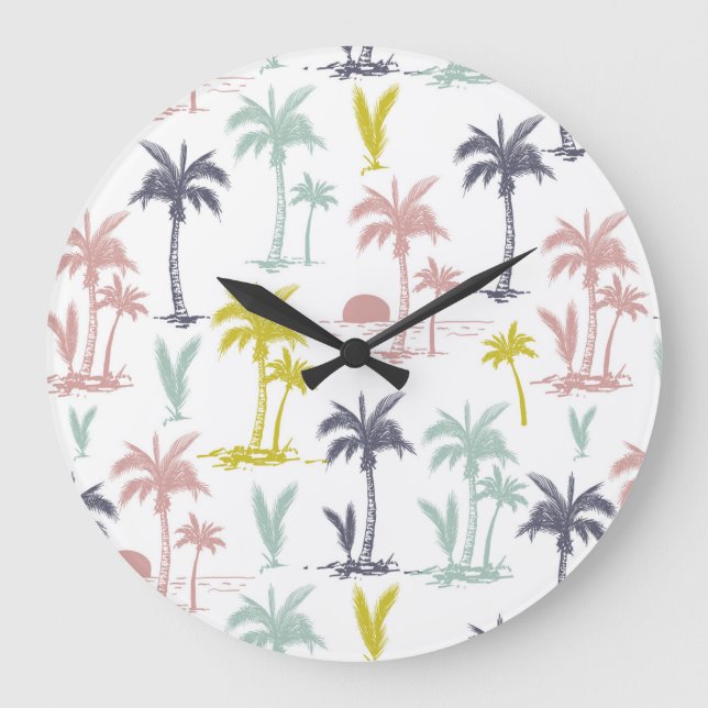Pastel Palm Tree by the Beach Pattern Large Clock (Front)