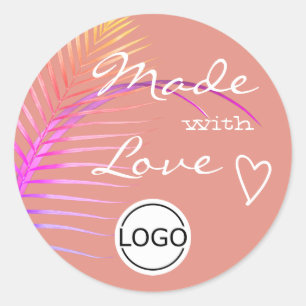 Pastel Palm Tree Leaf Made with Love Logo Template Classic Round Sticker