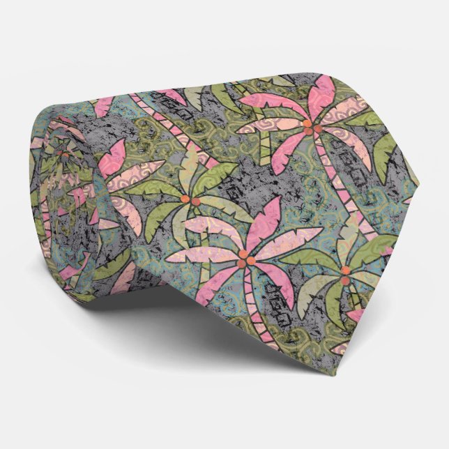 Pastel Palms Pink, Green and Grey Tie (Rolled)