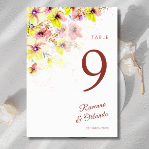 Pastel Pansy Peach Yellow Floral Romantic Wedding Table Number