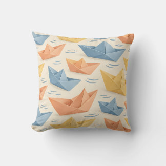 Pastel Paper Boats on Soft Blue Ripples Cushion