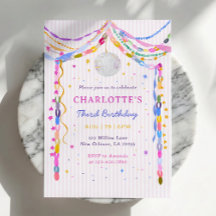 Pastel Paper Chains Disco Ball Third Birthday Invi
