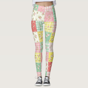 Pastel Patchwork Floral Gingham Vintage Cottage Leggings