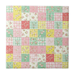 Pastel Patchwork Floral Gingham Vintage Cottage Tile