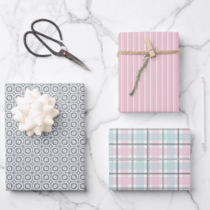 Pastel Pattern of Gray, Mint, Pink Plaid & Stripes Wrapping Paper Sheet