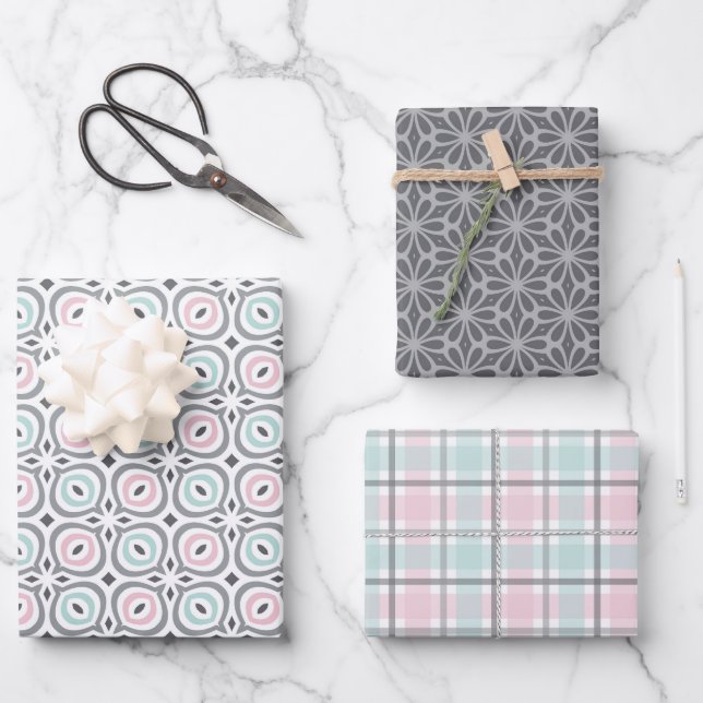 Pastel Pattern of Gray, Pink, Mint Geometric Shape Wrapping Paper Sheet (Front)