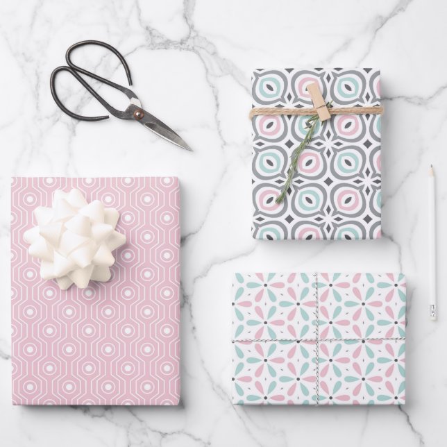Pastel Pattern of Pink, Mint, Gray Geometric Shape Wrapping Paper Sheet (Front)
