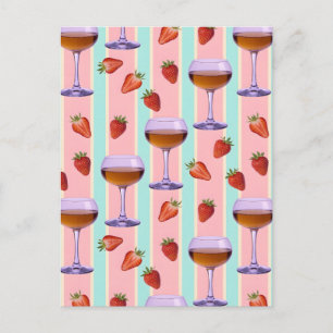 Pastel Pattern with Wine Glasses and Strawbefries Holiday Postcard
