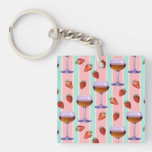 Pastel Pattern with Wine Glasses and Strawbefries Key Ring