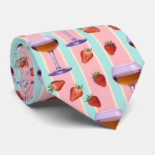 Pastel Pattern with Wine Glasses and Strawbefries Tie