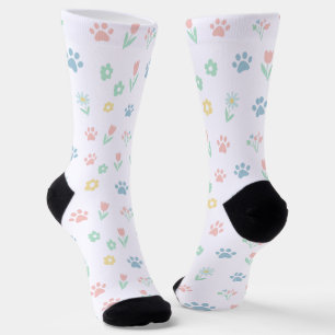 Pastel Paw Print and Flower Pattern Socks