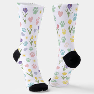 Pastel Paw Print and Hearts Floral Socks
