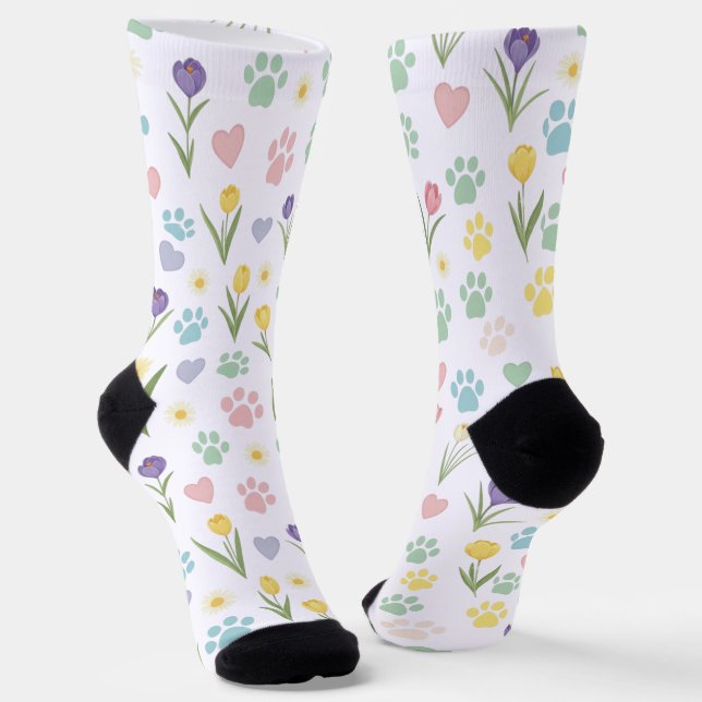 Pastel Paw Print and Hearts Floral Socks (Angled)