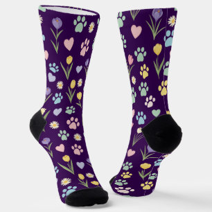 Pastel Paw Print and Hearts Floral Socks